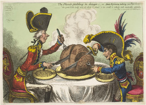 Napoleón fue objeto de tiras cómicas desde su periodo del consulado/ Photo Credits: James Gillray, "The plumb-puding in danger -or- stake epicures taking un petit souper", 1805